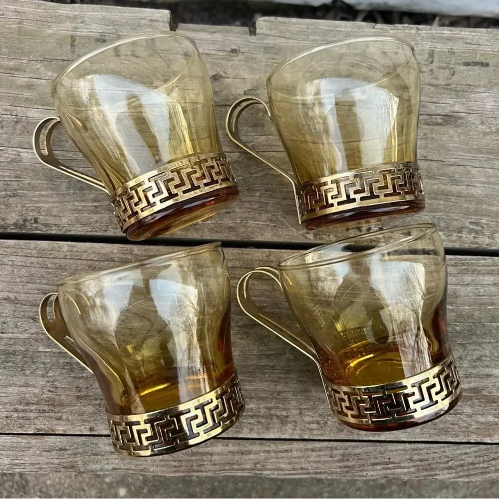 Libbey MCM Greek Key Punch Brass Holder Amber Glass Tiki Glasses Cups Set of 4